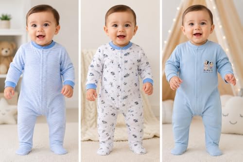 Image of DADDY - G 100% Cotton Baby Rompers Pack of 3 | Newborn Baby Sleepsuit | Full Sleeve Jumpsuit | Baby Night Suit | Infant Bodysuit for Boys & Girls | Soft Breathable Clothing