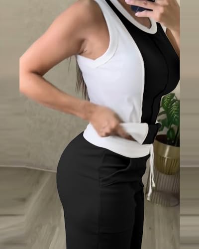 CHICME Womens 2 Piece Outfits Casual Slim Fit Tank Tops Elastic Waist Straight Leg Pants Ribbed Tracksuits2