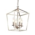 4-Light Brushed Nickel Farmhouse Chandelier, 12" Industrial Ceiling Light Lantern Pendant Light with Metal Cage Adjustable Height Rustic Hanging Light E12 Base for Kitchen Island Dining Room Entryway