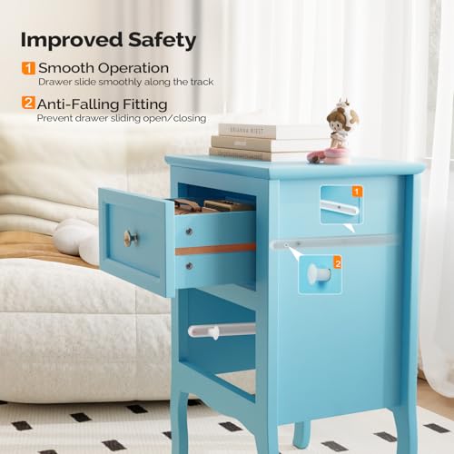 Bonnlo Nightstand Set of 2, Nightstands with 2 Drawers, Blue Nightstand, Bed Side Table/Night Stand, Small Nightstands for Bedroom, Small Spaces, College Dorm, Kids’ Room,Living Room, Wood,16W*12D*24H