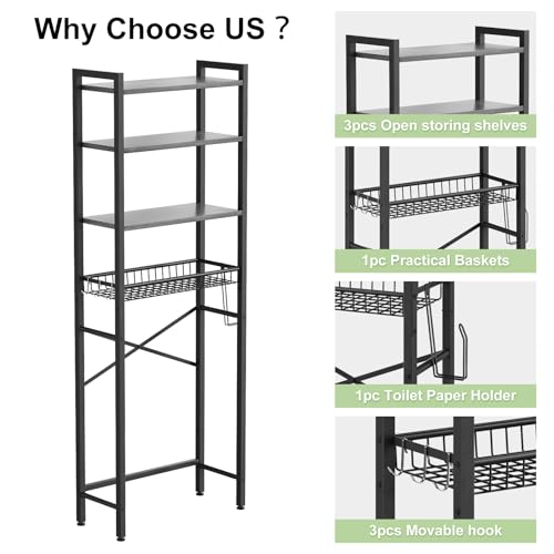 Image of Kalrin Over-The-Toilet Storage Rack, 4-Tier Bathroom Organizer Shelf Over Toilet with Adjustable Shelf and Basket, Freestanding Space Saver Bathroom Shelves Above Toilet for Room (Pure Gray)