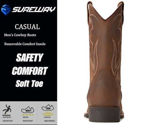 Cowboy Boots For Men - Mens Sport Wide Square Toe Western Boot,Oil/Slip Resistant,Durable Fashionable Classic Pull on 10 Inch Wellington Boots - Leather4