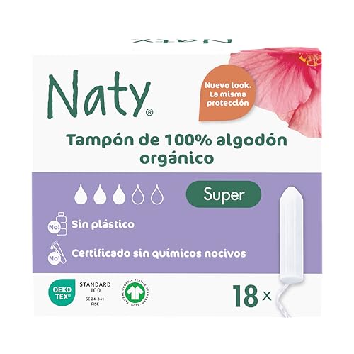Naty Tampones de 100% algodón orgánico | Flujo abundante | Sin químicos nocivos | Sin plástico | Sin perfume | Hipoalergénicos | Testados ginecológicamente | Protección natural | Veganos | 18 unidades