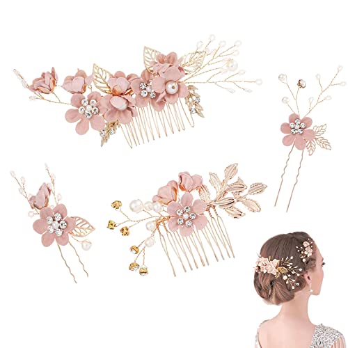 SoundZero Rosa Peine para el Cabello de Boda, 4 Piezas Peine de Pelo de Boda de Perlas Rosa, Peine de Horquilla de Novia Accesorios Pelo Flores para Mujeres Niñas Bodas Ceremonias Fiestas Viajes