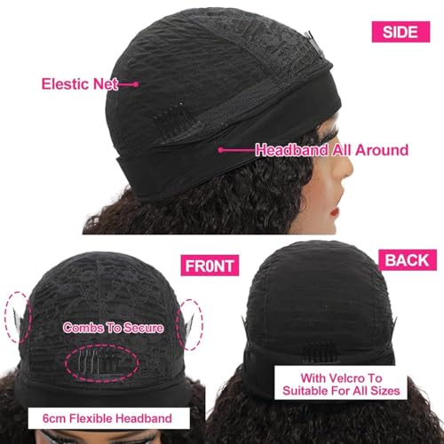 Image of Punmasa Headband Wig Human Hair Deep Wave 12 Inches Reddish Brown None Lace Front Wig Machine Made Brazilian Virgin Glueless Wear and Go Curly Headband Half Wigs for Black Women