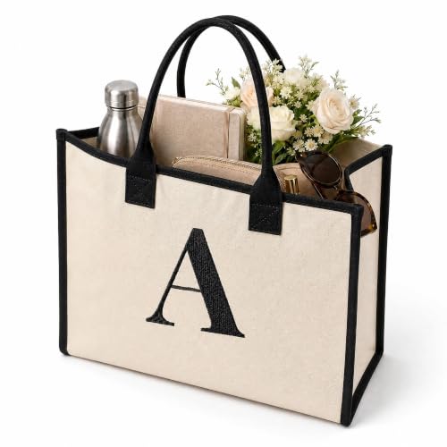 Image of Salt Earth Canvas Tote Bag for Women, Personalized Initial Monogram Tote, Beach Grocery Utility Tote for Travel & Work