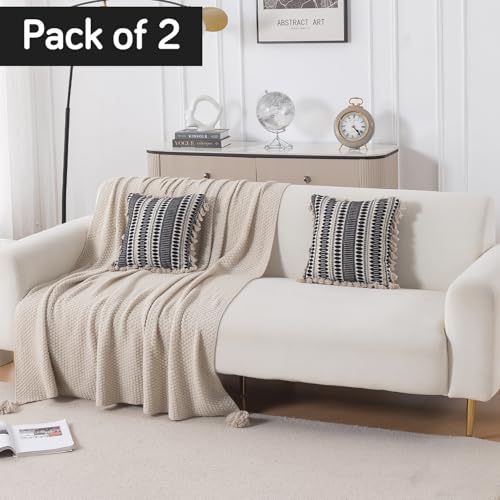 Image of HOKIPO 'Artisan Boho Series' 450 GSM Cushion Cover with Tassels | Cotton Acrylic Jacquard | 16x16 Inch (40x40 cm) | Pack of 2, Charcoal Black (IN-905-A3*2)