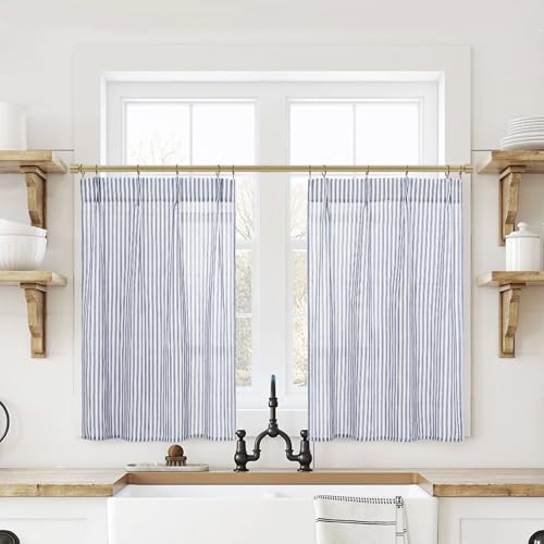 Lino Rosa Laundry Room Curtains for Windows,Small Striped Pattern Navy Blue Print Design Linen Short...