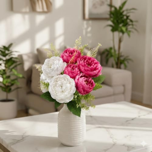 Image of CURATED CART 2 Bunch Artificial Peony Rose Flower Bouquet (Pink & White) | 10 Flower Heads, for Home Decor, Office, Bedroom, Balcony, Table Display, Wedding Decoration (Without Vase Pot)