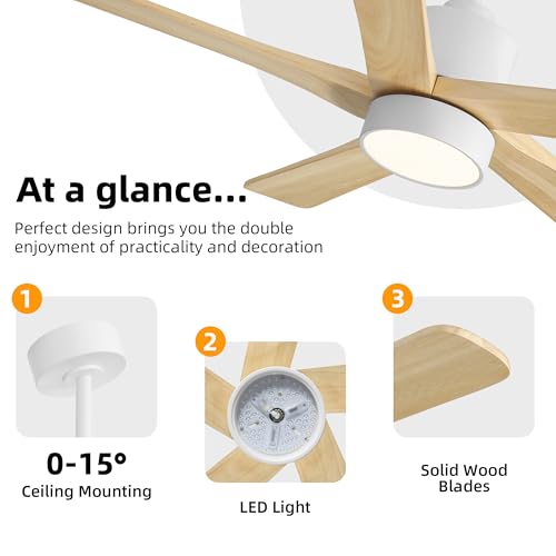 Image of WINGBO 48 Inch DC Ceiling Fan with Lights and Remote Control, 5 Carved Solid Wood Blades, 6-Speed Noiseless Reversible DC Motor, Indoor Ceiling Fan in Gloss White Finish with Natural Wood Blades