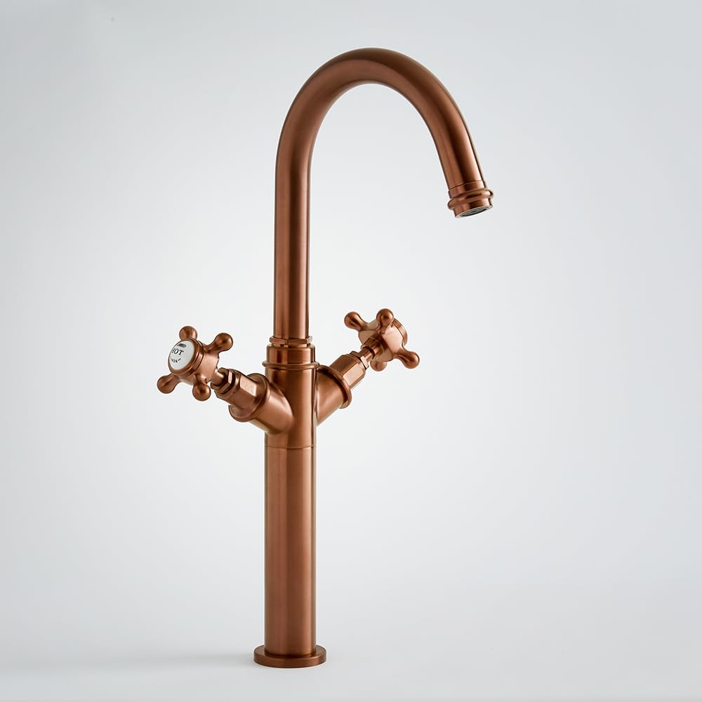 Milano Brushed Copper Elizabeth High Rise Bathroom Basin Mixer Tap Crosshead Handles