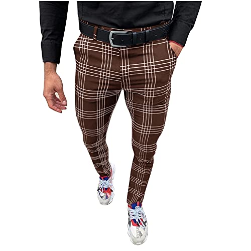 Mens Stretch Skinny Slim Fit Flat-Front Skinny Dress Pants Plaid,Men Dress Pants Plaid Casual Business Pants Coffee