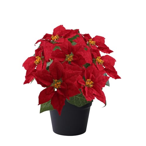 MOIAVAN Poinsettia Artificial Christmas Flowers in Pot 9 Heads,15.7 Inch Large Fake Poinsettias Plants for Home Porch Office Indoor Outdoor Christmas Winter Decorations Red