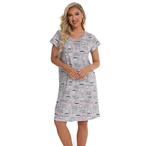 Misscoo Camisón lindo de algodón para mujer, camisón de manga corta, camisa de dormir con estampado casual, camisón de dibujos animados (rodilla), 041, L Cover