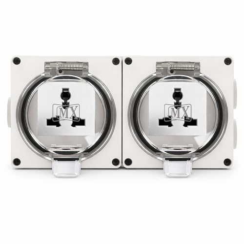 Image of MX IP66 Waterproof Outdoor Socket Box | 250V 13A 2 Universal Socket | Dustproof Weatherproof 4 Module Modular Wall Box with Spring Opening Cover | ABS Flame Retardant Shell for Garden, Patio & Outdoor