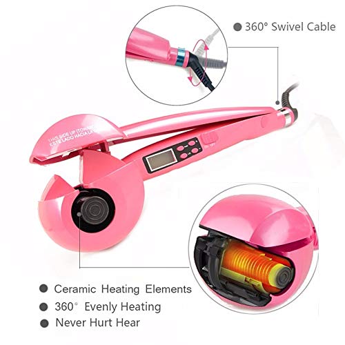 Temperature Adjustable Professional Auto Rotating Steam Curl Ceramic Curler with Spray Steamer (Pink)