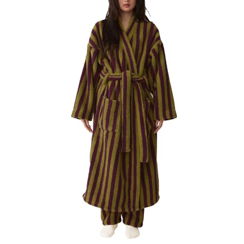 Women's Fuzzy Fleece Long Robe Striped Plush Kimono Warm Thick Fluffy Oversized V Neck Loungewear Maxi Bathrobe