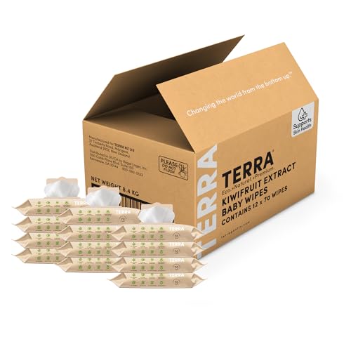 Image of Terra Bamboo Baby Wipes: Kiwifruit Extract, 99.5% Pure New Zealand Water, 100% Biodegradable Bamboo Fiber, 0% Plastic, Unscented Baby Wipes for Sensitive Skin, 12 Pack of 70 Wipes