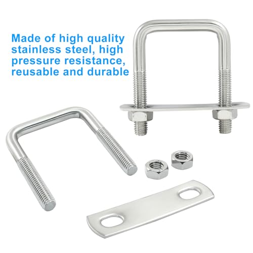 Image of 2 Stainless Steel Square U-Bolts, Inner Width 1.6 inch(40mm), Length 2.5 inch(65mm), M8 304 Stainless Steel with Frame Plates and Nuts for Light Industry, Metallurgy, Construction, Shipping