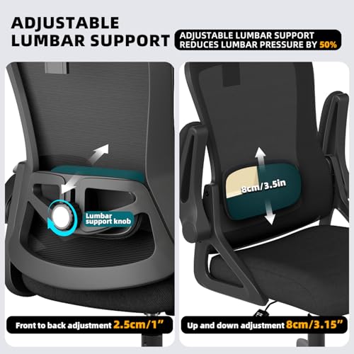 Image of Ergonomic Office Chair Desk Chair with Adjustable Lumbar Support | Mesh Computer Chair Home Office Desk Chair with Flip-up Armrests Executive Task Chair Comfy Mesh Gaming Chair (Black-Black)