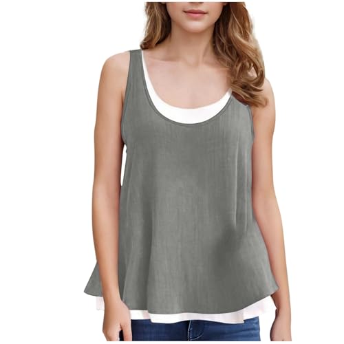 Girls Cotton Linen Summer Tank Tops Fake-Two Pieces Cute Sleeveless Crew Neck Tunic Tee Shirts for 5-14 Years