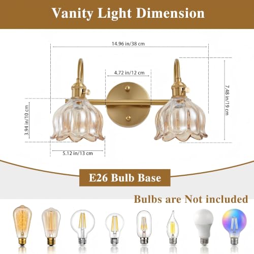 Image of Bathroom Light Fixtures, 3-Light Brass Vanity Wall Light with Amber Tulip Glass Shades, Vintage Wall Sconce Over Mirror for Bathroom, Bedroom, Living Room (Bulbs Not Included) (Amber, 2-Light)