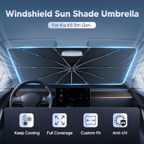 Image of Autorder Windshield Sun Shade Umbrella for 2021-2026 Kia K5 / 2020-2026 Hyundai Sonata Accessories,Upgraded Ice Crystal Material,Easy Setup Umbrella Sunshade for Car Windshield,100% Sun Blocking