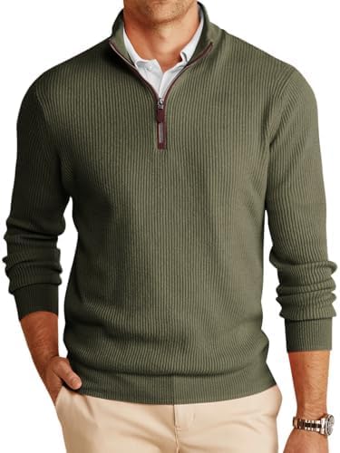 Runcati Mens Quarter-Zip Pullover Sweater Casual Mock Neck Winter Warm Ribbed Polo Sweaters Army Green XXL