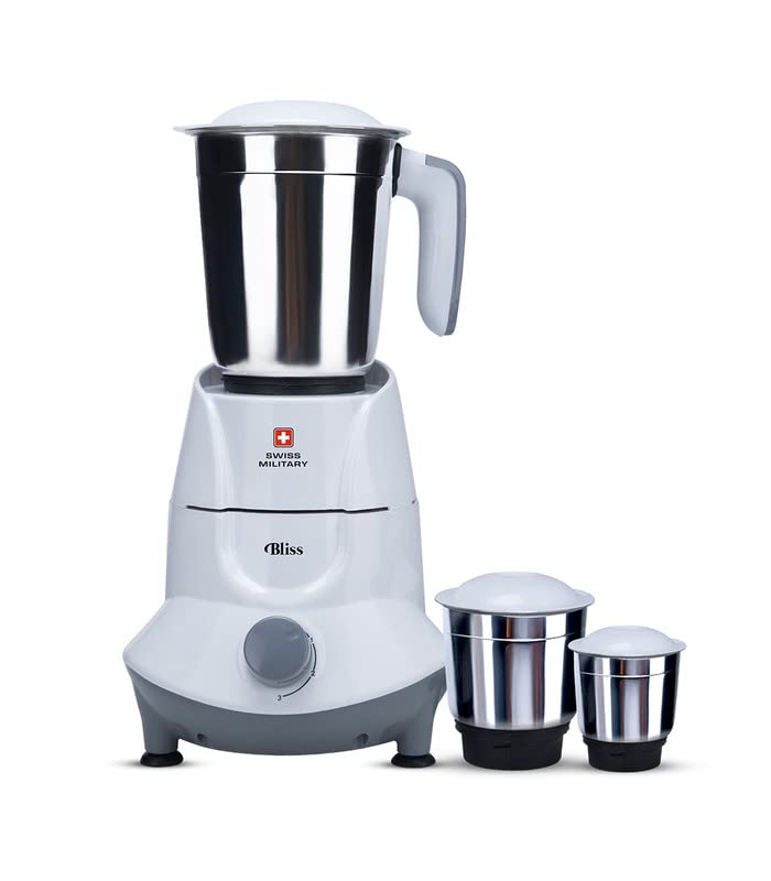 SWISS MILITARY BLISS Mixer Grinder with 3 Stainless Steel jars, 500 Watts, 3-Level Speed Control with Pulse Function, Knob Control with Auto Power Cut | White & Grey Colour