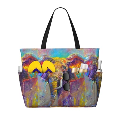Oil Painting Elephant 1 Print Large Beach Tote Bag for Women Extra Large Capacity Sandproof Waterproof Pool Bag Suitable for Swimming Pool Gym Groceries Travel