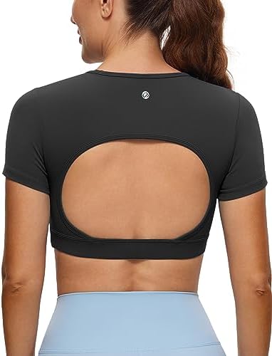 CRZ YOGA Womens Butterluxe Open Back Crop Tops Double Lined Backless Short Sleeve Workout Top Casual Going Out Tight T-Shirts