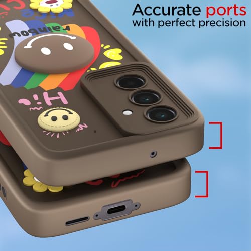 Image of Pikkme Back Cover for Samsung Galaxy A55 5G | Soft Silicone| Cute Rainbow Smile & 3D Cartoon Flower Design | Shockproof Raised Camera Protection Bumper Case (Brown)