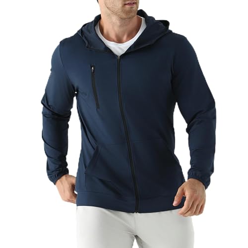 Jupmov Leichte Laufjacke Herren Windbreaker Kapuzenpullover mit Reißverschluss Tasche Sport Hoodie Herren(Marineblau L)