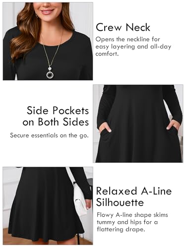Image of AusLook Women's Plus Midi Dress Long Sleeve Crew Neck A-Line Swing Flowy Vacation Fall Wedding Guest Dresses with Pocket 1-5X