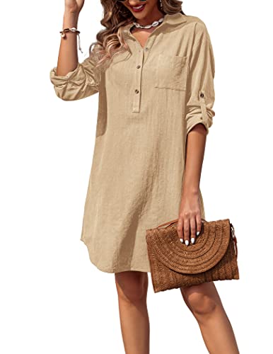 Zeagoo Women Summer Dress Cotton Linen Shirt Dress Button Down Tunic Dress Beach Cover Up Dress