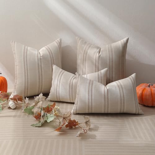 Hckot Fall Throw Pillow Covers 18x18 Set of 2 Striped Pillow Covers Textured Linen Decorative Pillows Square Cushion Covers for Sofa Couch Bed Living Room Farmhouse Decor(Rust)