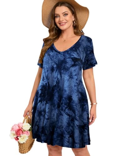 Image of ZENNILO Women's Plus Size Swing Dress with Pockets Casual Summer Dresses V Neck Short Sleeve T Shirt Dress for Women