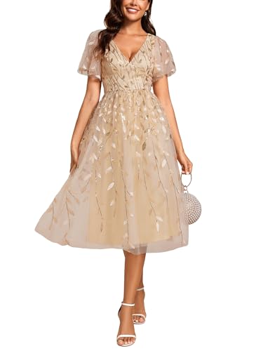 Ever-Pretty Women's V Neck A Line Embroidery Short Sleeves Midi Sequin Prom Dress Formal Cocktail...
