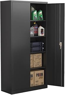 Pemberly Row Steel Metal Locking Storage Cabinet w/ 4 Adjustable Shelves - Black
