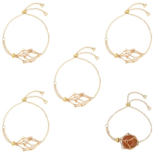 Beebeecraft 5Pcs Empty Crystal Bracelet Holder 18K Gold Plated Stone Pouch Cage Adjustable Slider Chain for Bracelet Jewelry Making DIY Crafts