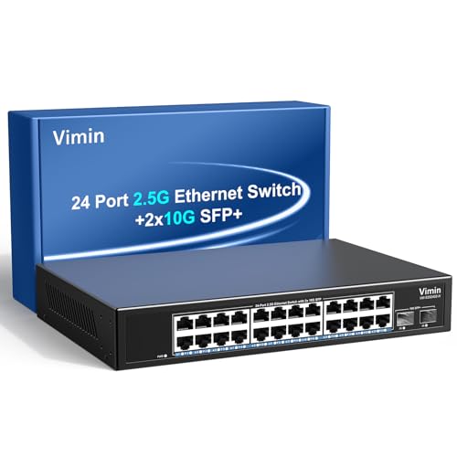 Image of 24-Port 2.5G Network Switch+2x10G SFP, 24x 2.5G Base-T Ethernet Unmanaged Switch, 24 Ports Switch Compatible with 10 /100 /1000 /2500M, 160Gbps Switching Capacity, Fanless, 19-inch Rack Mount