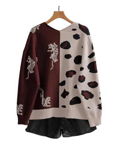 Image of WDIRARA Women's Leopard Tiger Print Cardigan V Neck Long Sleeve Color Block Button Down Sweater Outwear