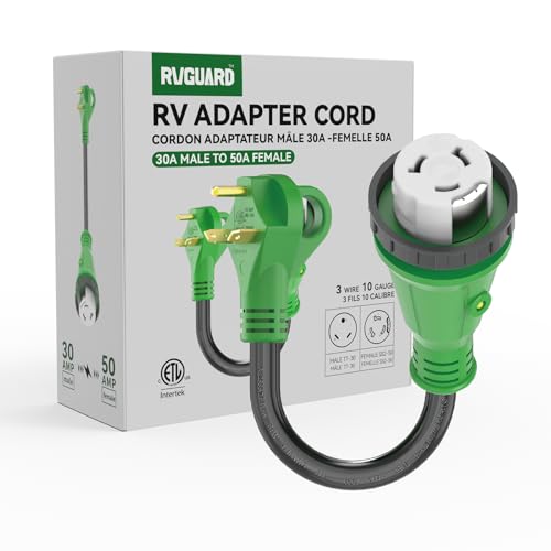 RVGUARD 30 Amp to 50 Amp RV Adapter with Locking Connector 12 Inch, NEMA TT-30P Male to NEMA SS2-50R Female Dogbone Electrical Converter with LED Power Indicator, Green - Image 7