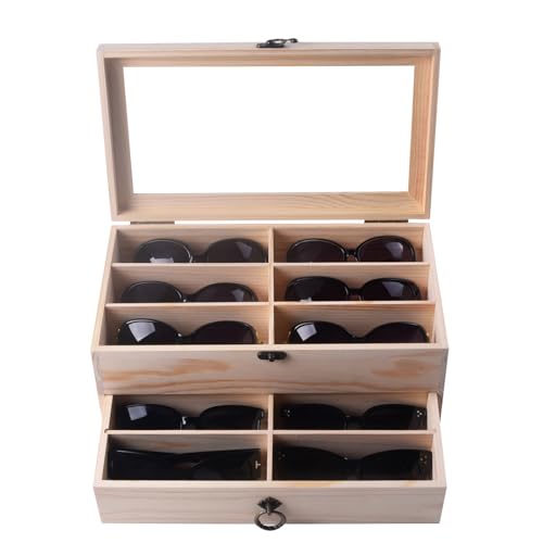 Image of AUTOARK Pine Wood 12 Piece Eyeglass Storage Display Case Organizer,AW-171 | Sunglass Glasses Display,Drawer Lockable,DIY Colors