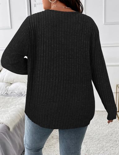 Image of Koscacy Women Plus Size Casual Knit Sweater with Pocket V Neck Solid Color Tops Lightweight Long Sleeve Blouses