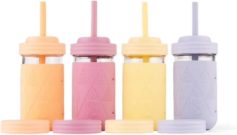 Elk and Friends Kids + Toddler Glass Cups | The Original 12oz Glass Mason Jar with Sleeves + Lids | Silicone Straws + Stopper | Smoothie Cup | Food Storage | Blush/Lilac/Peach/Lemon | 4 Pack