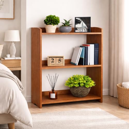 Image of Narrow Bookcase by Natural Wood, 3 Tier Bookshelf, Small Book Shelves Freestanding Display Storage Shelves. Open Bookshelf for Bedroom, Living Room and Office (Brown, 3 Tier Simple)