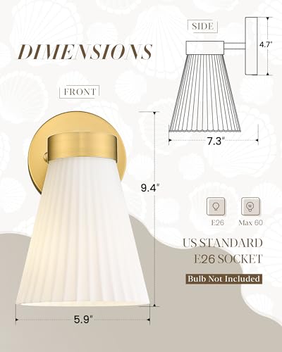 Image of Gold Wall Sconce, HWH Single Wall Light Fixture Brushed Gold Wall Lamp with Frosted Milk White Striped Glass Shade, Modern Indoor Wall Sconce for Kitchen Bedroom Schoolhouse, 5HZG97B BG