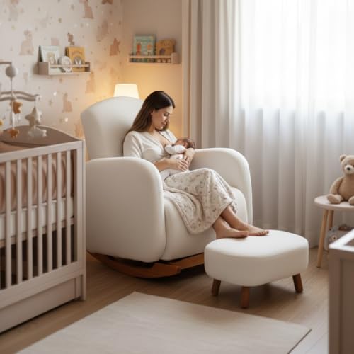 Poltrona/Cadeira Orgânica de Amamentação, Base em Madeira Tipo Canoa, Estofado Off White com Balanço, para Maternidade- SANMOV