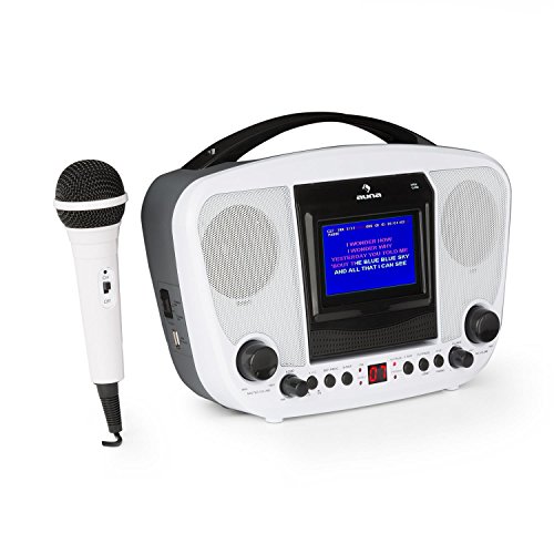auna KaraBanga - Equipo de Karaoke , Karaoke para niños , Reproductor de Karaoke , Bluetooth , 2 micrófonos , Reproductor CD+G , Salida de vídeo , Salida de Audio , Funciona con Pilas , Blanco